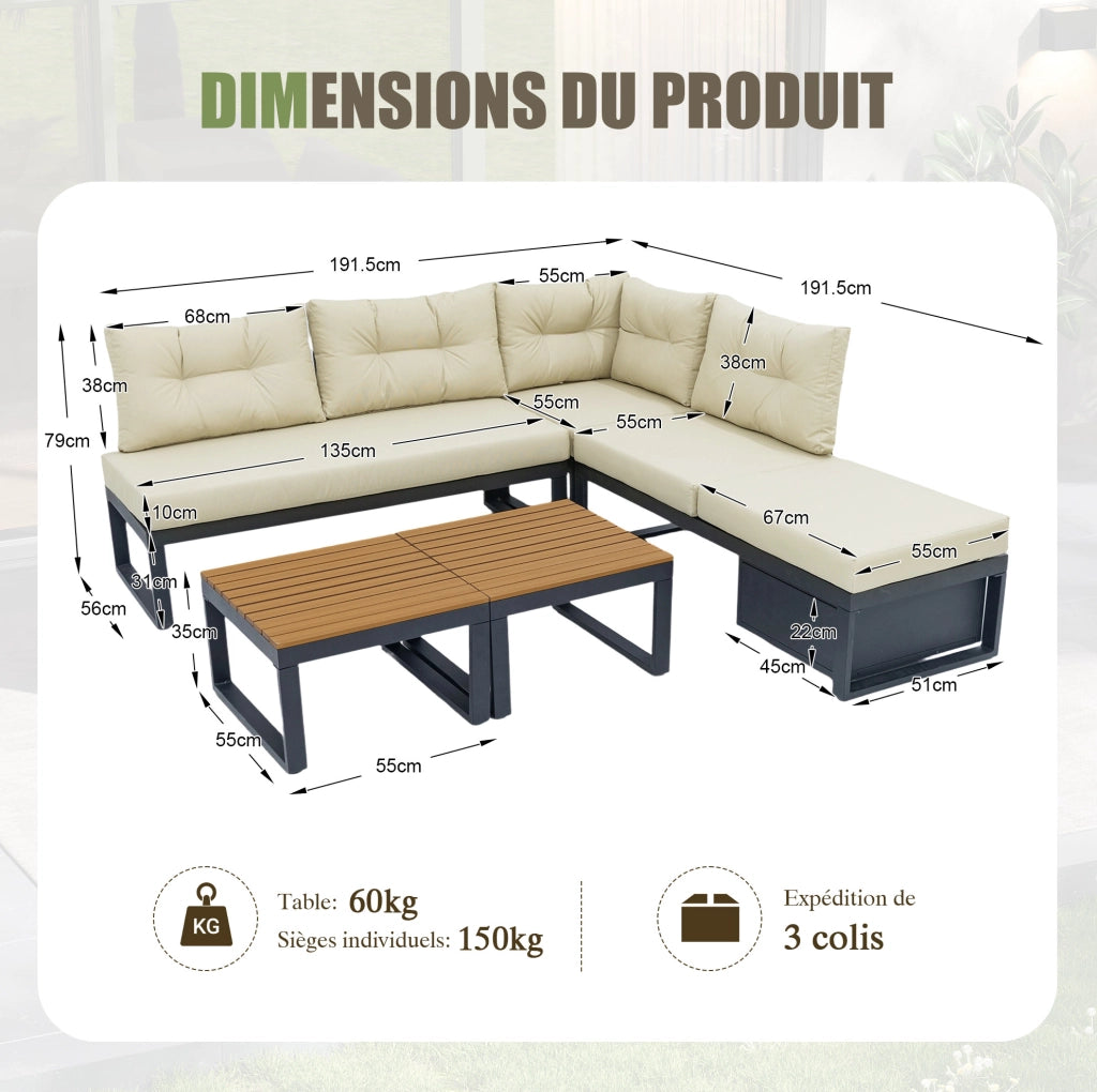 Set salotto da giardino modulare con seduta reclinabile a 3 posizioni; 191;5x191;5x79 cm; beige in poliestere