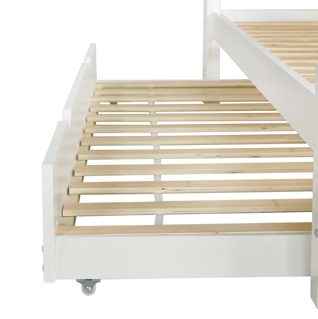Letto matrimoniale 120x200 cm con letto estraibile e presa di ricarica in pino e MDF bianco