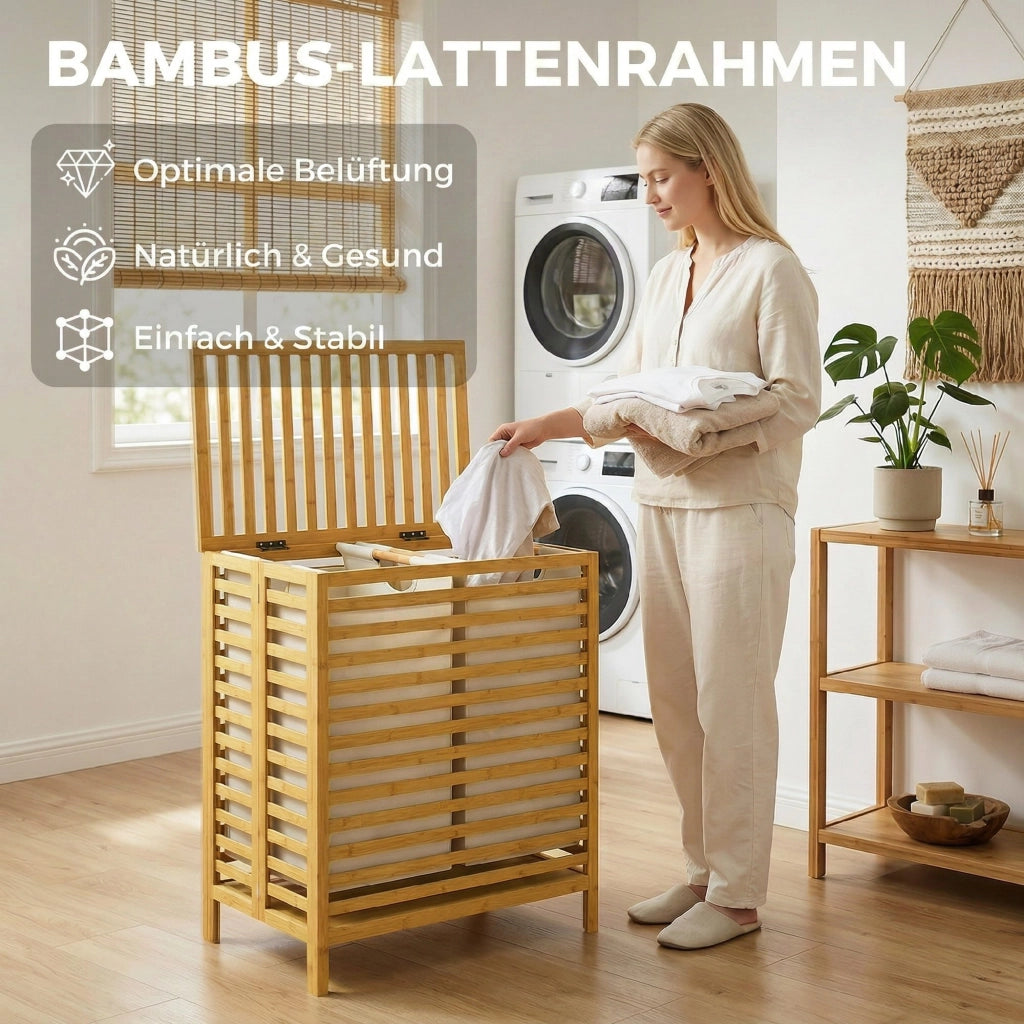 Cestino bucato in bamb¨´ con coperchio, 2 cestini, pieghevole, 64L ¨C zephmum ¨C Naturale e crema bianco