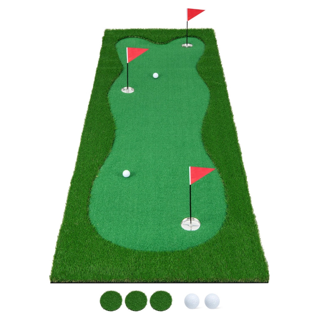 Campo da golf per l'allenamento con erba artificiale realistica 3 buche 3 bandierine, Tappetino professionale 300x100cm-Golf