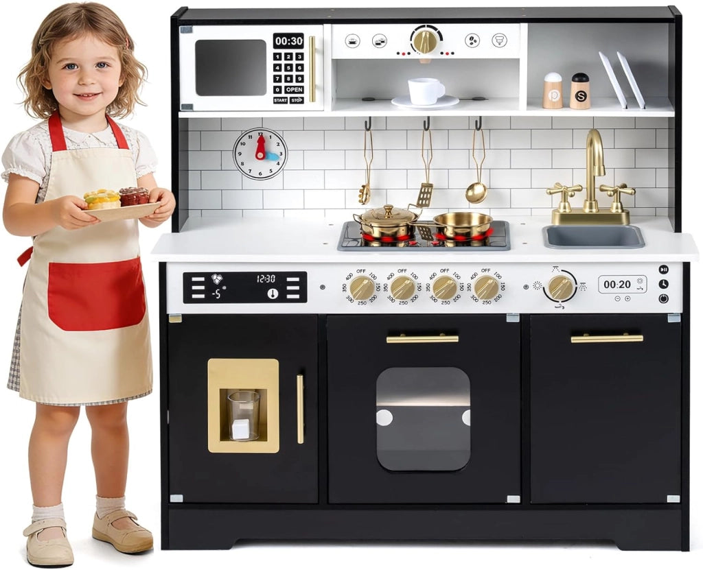 Cucina Giocattolo per Bambini, Set Cucina in Legno con Luci e Suoni Realistici, Fornelli, Lavandino, Rubinetto, Forno, Microonde e Macchina del Caffè, per Bambini 3+ Anni (Bianco)