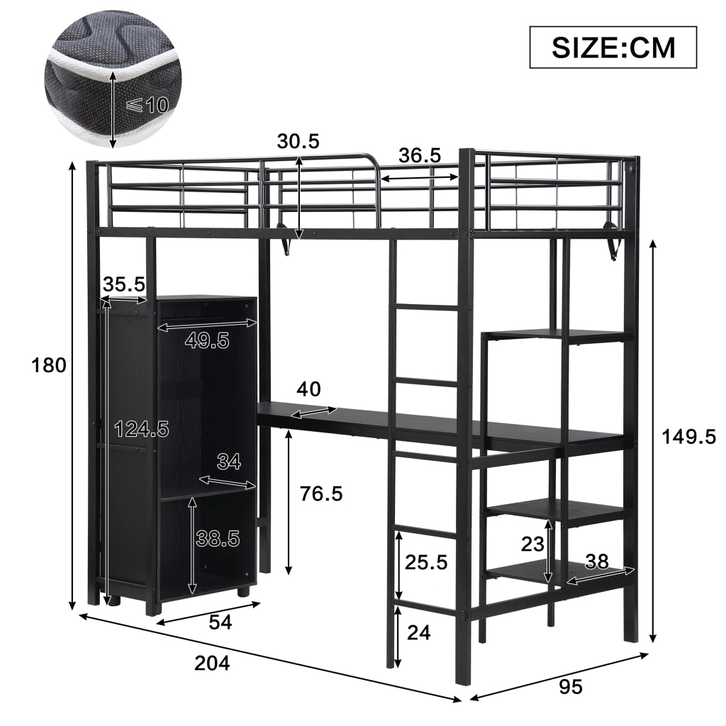 LETTO A CASTELLO 90x200 cm Nero in Metallo con Scrivania e Armadio