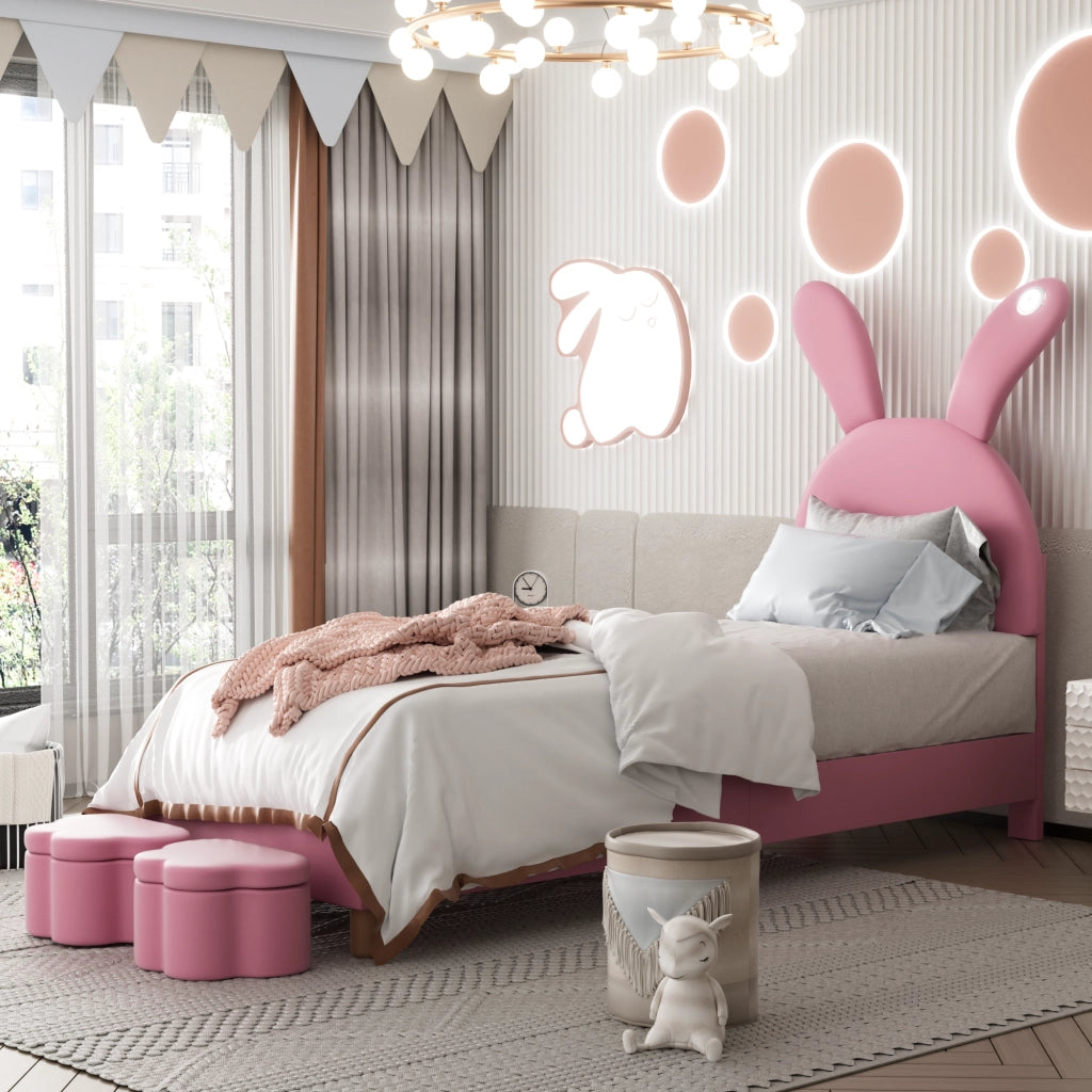 Letto imbottito 90x200 cm in velluto francese rosa con LED e contenitori laterali