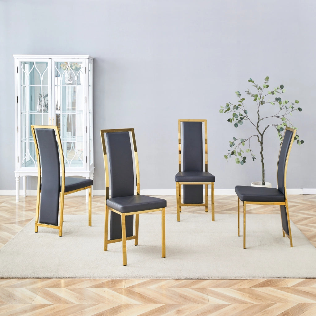 Set di 4 sedie da pranzo moderne con bordo dorato; 109 cm; in PU nero e metallo dorato