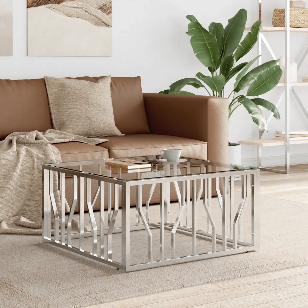 Tavolino da Salotto 80x80x40 cm in Acciaio Inox e Vetro 350057