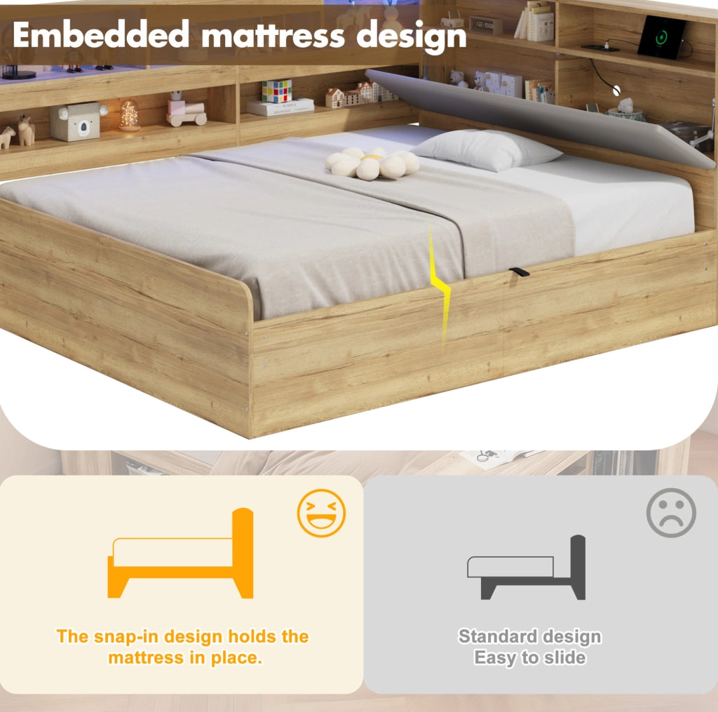 Letto daybed con contenitore idraulico; LED e presa USB; 90x200/140x200 cm; naturale