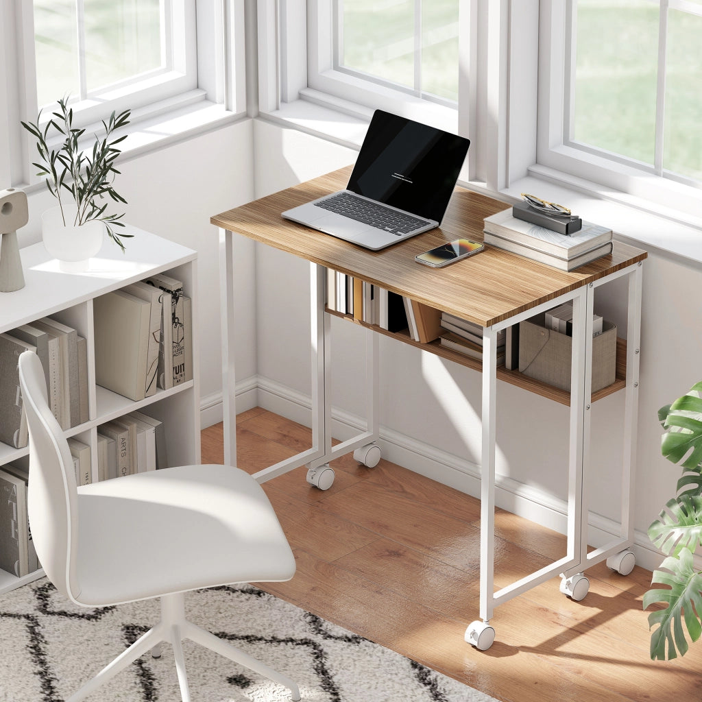 Scrivania Pieghevole con Ruote e Ripiano ¨C zephmum ¨C 80x50x75 cm Bianco e Naturale