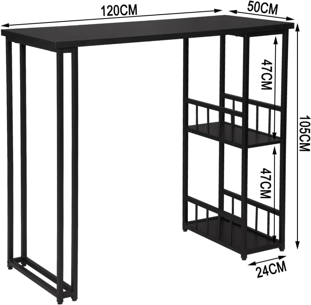 Tavolo da Bar Alto con Mensole Bancone da Casa in Metallo e Legno Nero 120x50x105 cm