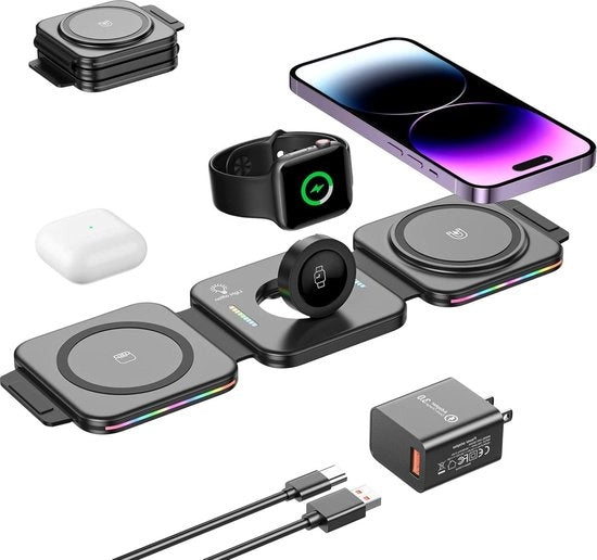 Caricatore wireless magnetico 3-in-1 pieghevole per iPhone 14/13/12/11/XR/8 e Samsung S22/21/20 Serie - iWatch AirPods