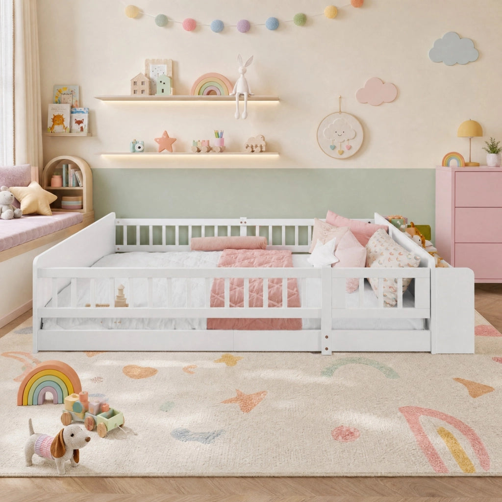 Letto per bambini in pino bianco 140x200 cm con ripiani