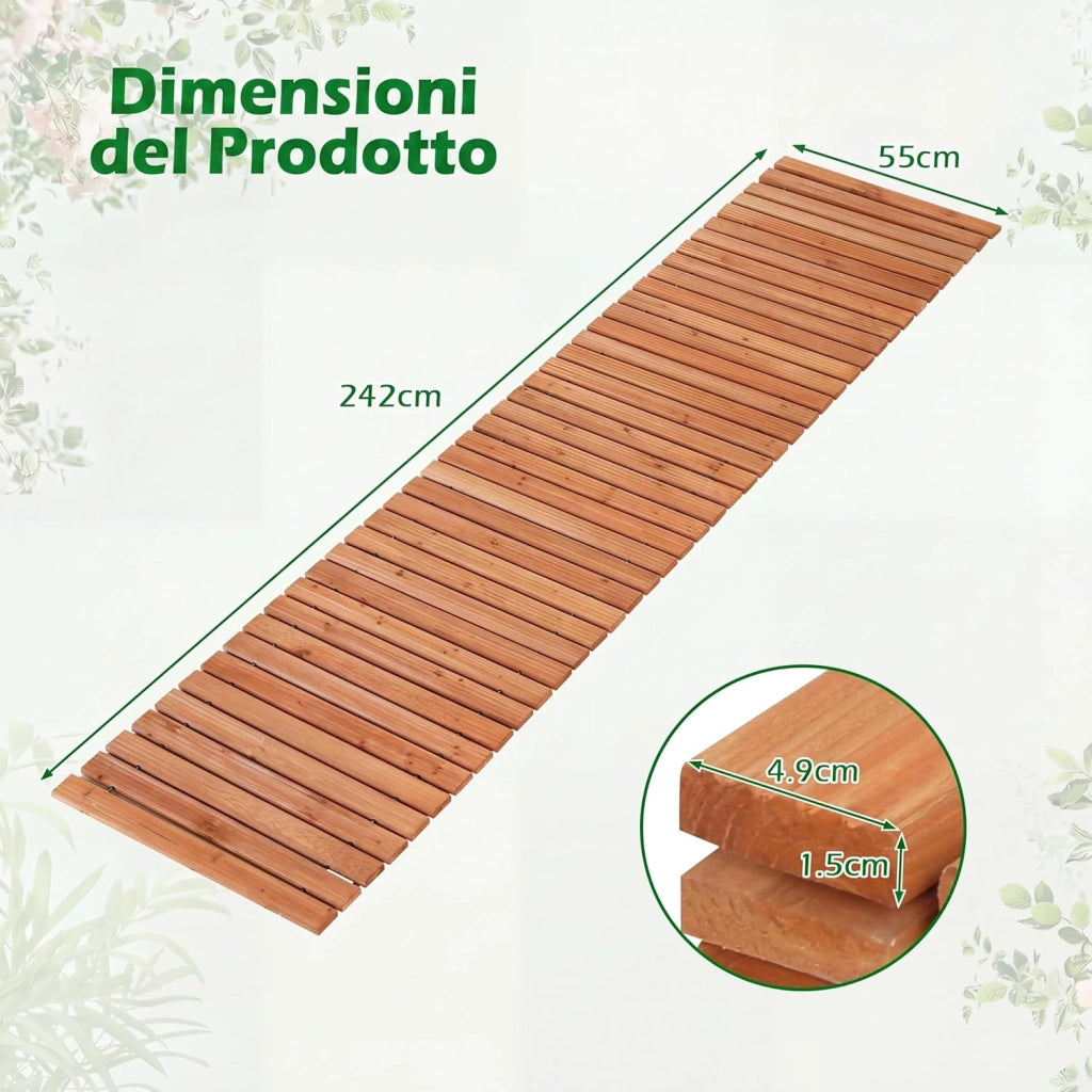 Passerella Arrotolabile per Giardino, Sentiero da Giardino con Filo di Ferro e Consistenza Antiscivolo Resistente alle Intemperie, Percorso in Legno per Cortile e Spiaggia (245 x 55 x 1,5 cm)