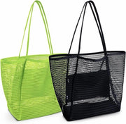 Borsa a rete pieghevole - Grande borsa per famiglie per donne - Per vacanza, sport e spiaggia - Borsa a spalla - 2 pezzi