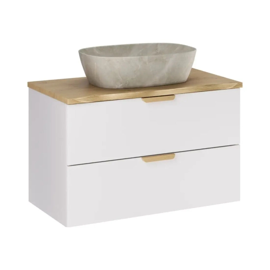 Set da bagno sospeso OSTER 80cm: mobile sotto lavabo con cassetti + piano per lavabo bisellato + lavabo da appoggio