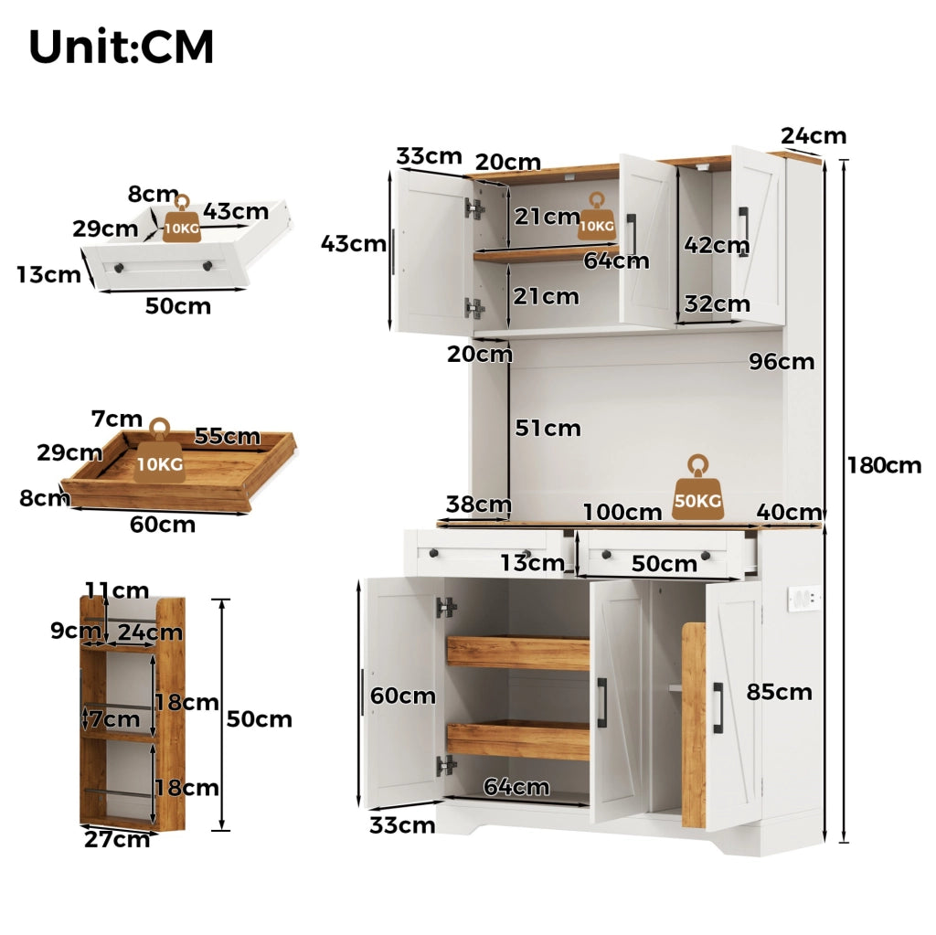 Credenza alta da cucina con LED RGB; prese e 2 cassetti; 100x40x180 cm; bianco naturale in MDF