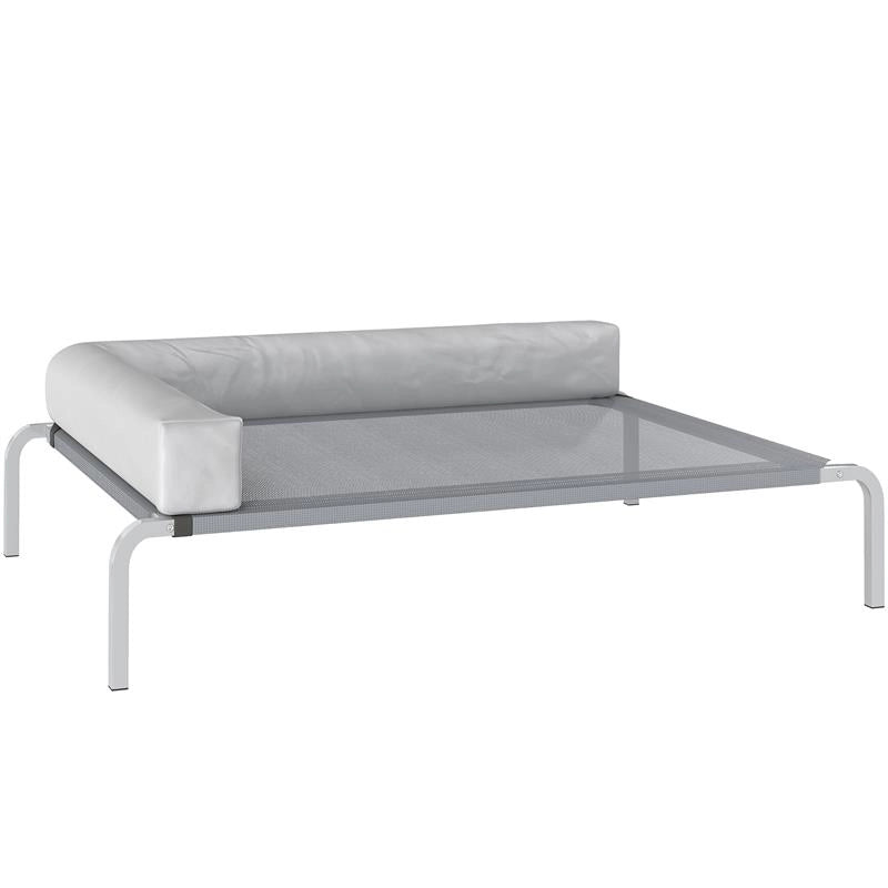 LETTINO PER CANI RIALZATO DI 20 CM CON CUSCINO A L, IN POLIESTERE E ACCIAIO, 110X75X30 CM, GRIGIO E ARGENTO