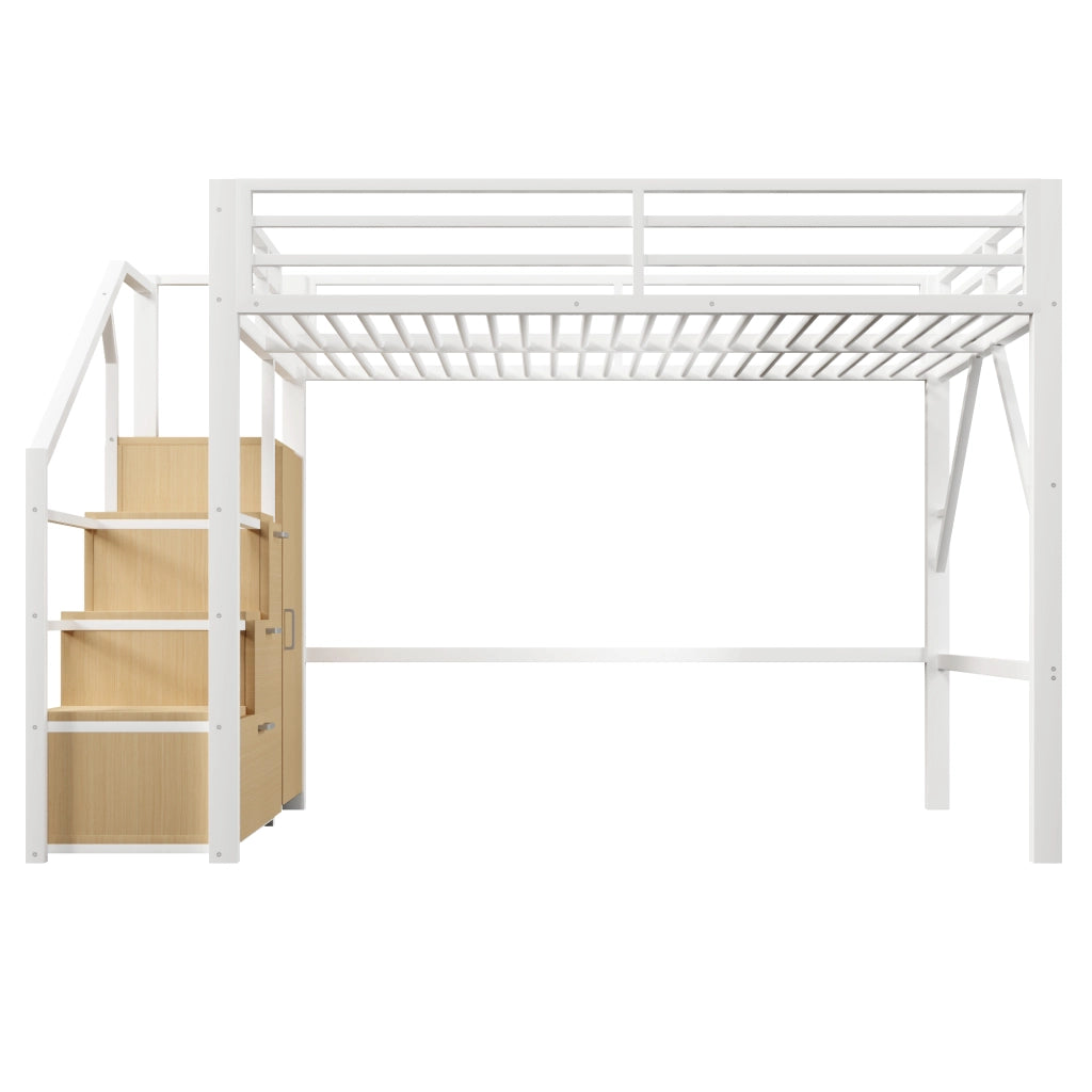 Letto a Soppalco 140x200 cm; con Contenitori; Armadio e LED; in Metallo e MDF; Bianco