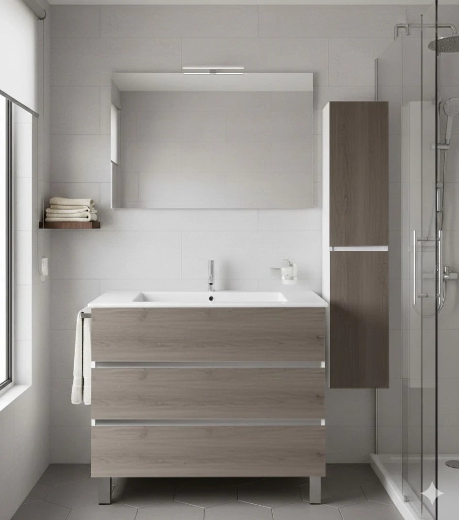 Mobile Bagno BALDER Già Montato 3 cassetti con piedini, lavabo e specchio Combi 120x45 cm doppio lavabo con colonna