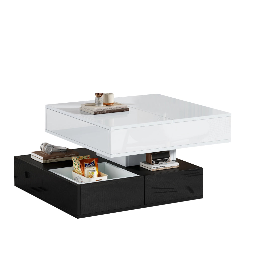 Tavolino da caffè 70x70x40 cm girevole 360°; sollevabile; 3 cassetti in truciolato bianco e nero