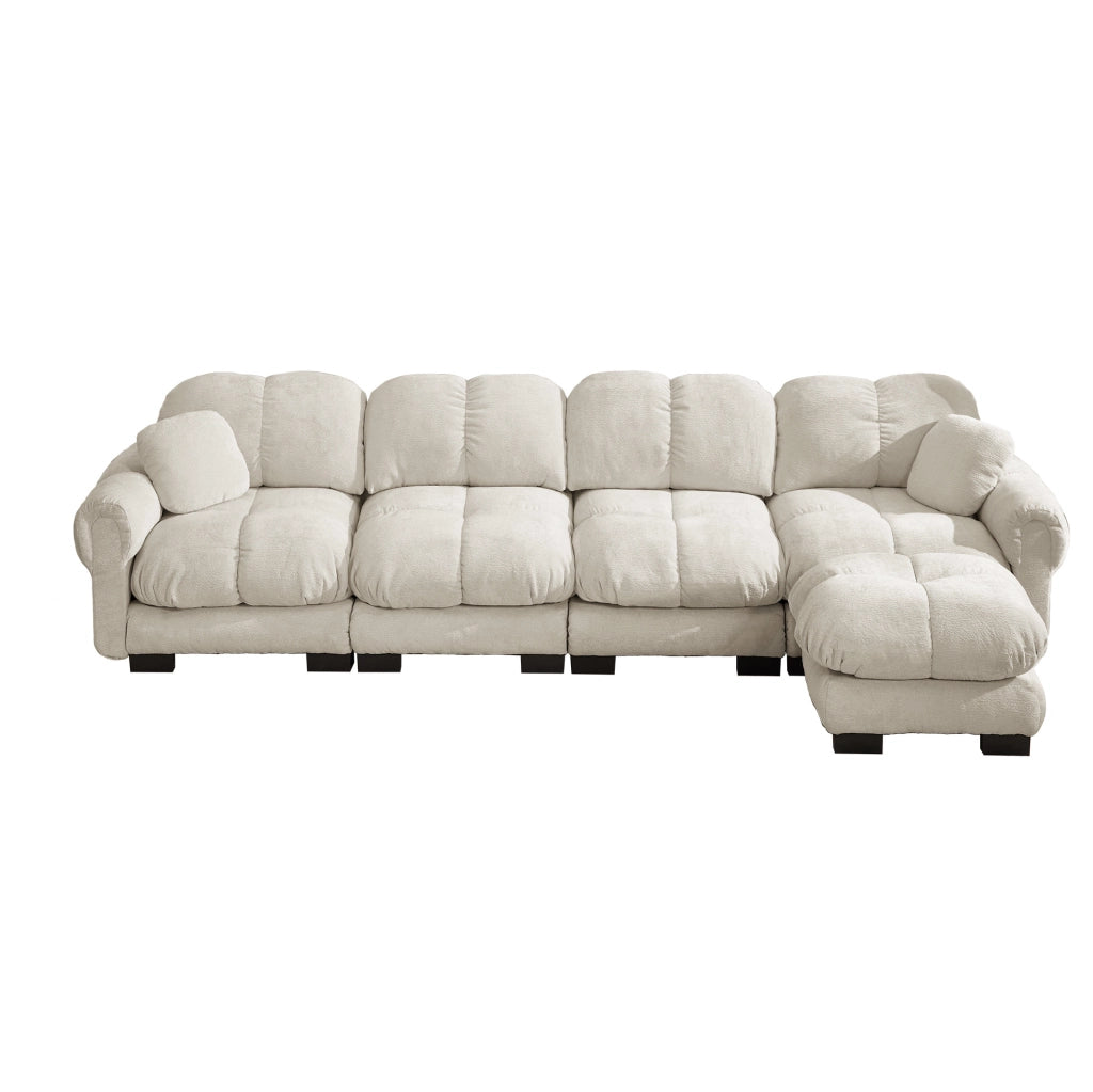 Divano angolare a L 4 posti con pouf mobile 330x149x90 cm in chenille; light khaki