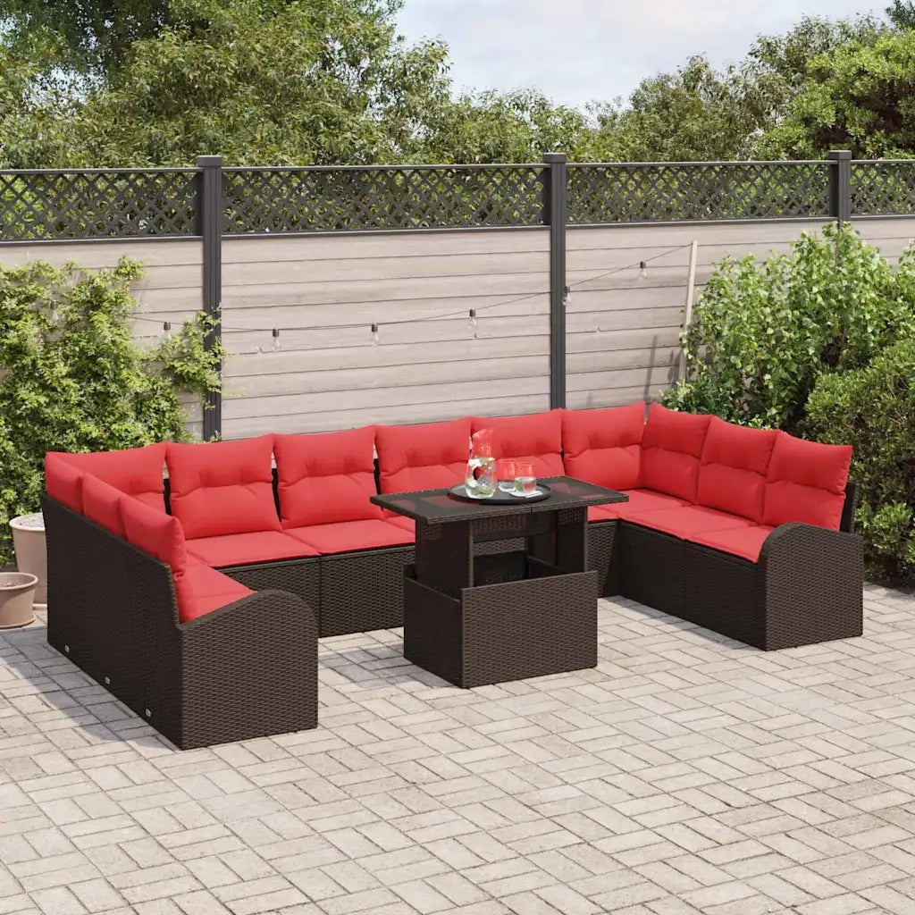 Set Divano da Giardino con cuscino 11 pcs Marrone Poly Rattan