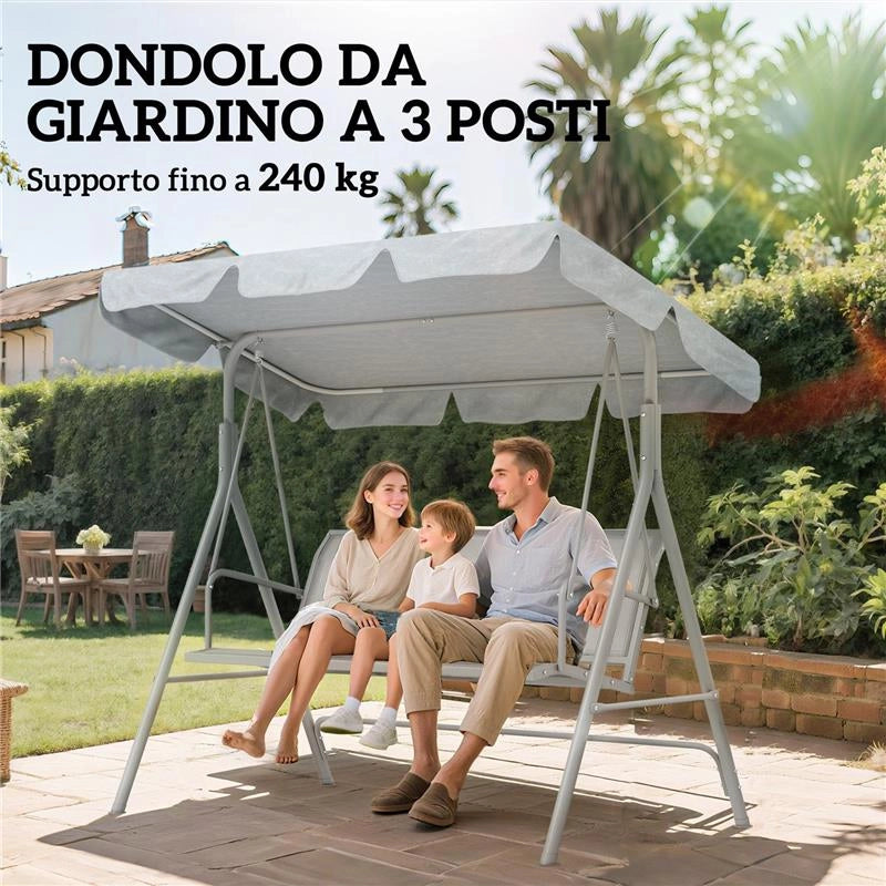 DONDOLO DA GIARDINO 3 POSTI CON TETTO PARASOLE RIMOVIBILE, 171X108X154 CM, GRIGIO CHIARO