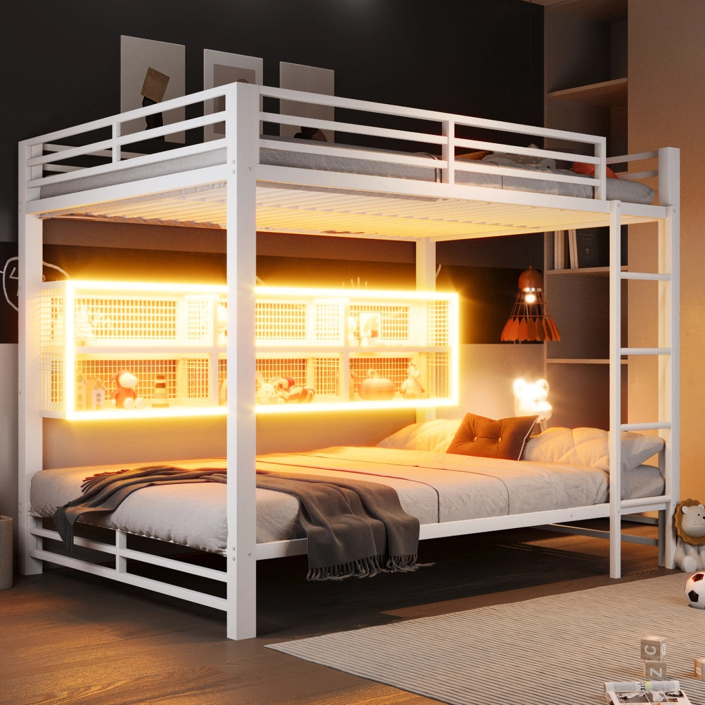 Letto a castello 140 × 200 cm con 6 armadietti, LED regolabile e ripiano, senza materasso, in metallo, bianco