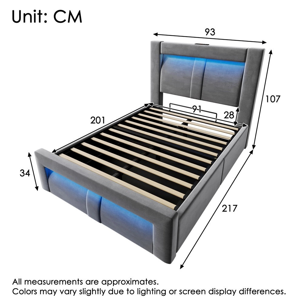 Letto Singolo Contenitore 90x200 ¨C MINIMAL ¨C Grigio Velluto, LED, USB, Testiera Curva, Idraulico