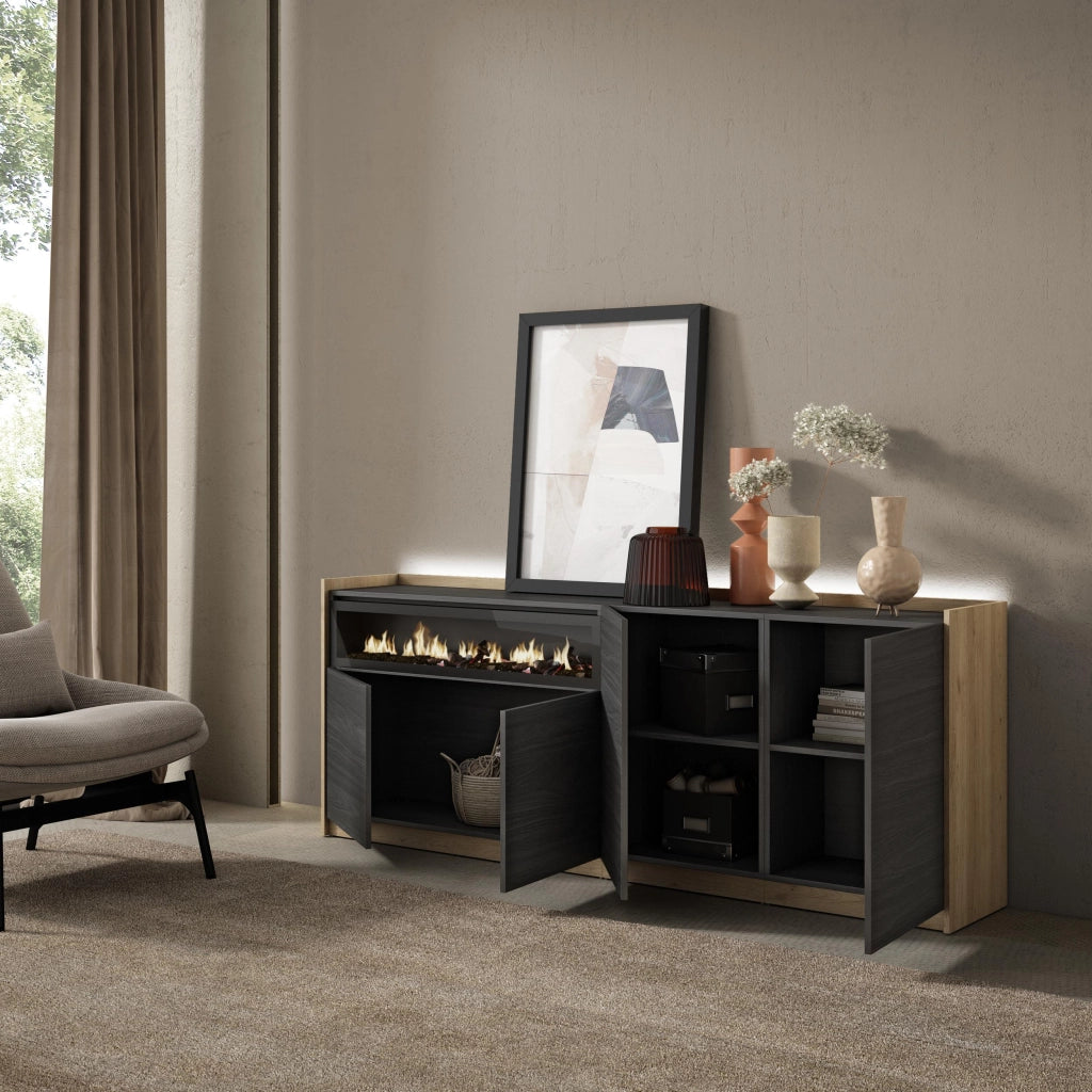 Credenza, Mobile, Cucina, 207x80x37 cm, 4 Porte, Camino elettrico, LED, Nero e rovere