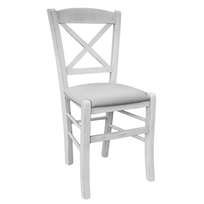 Sedia in legno venezia croce anticata bianca con seduta similpelle grigio chiaro