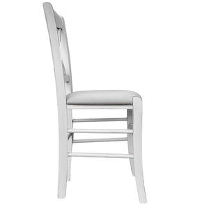 Sedia in legno venezia croce anticata bianca con seduta similpelle grigio chiaro