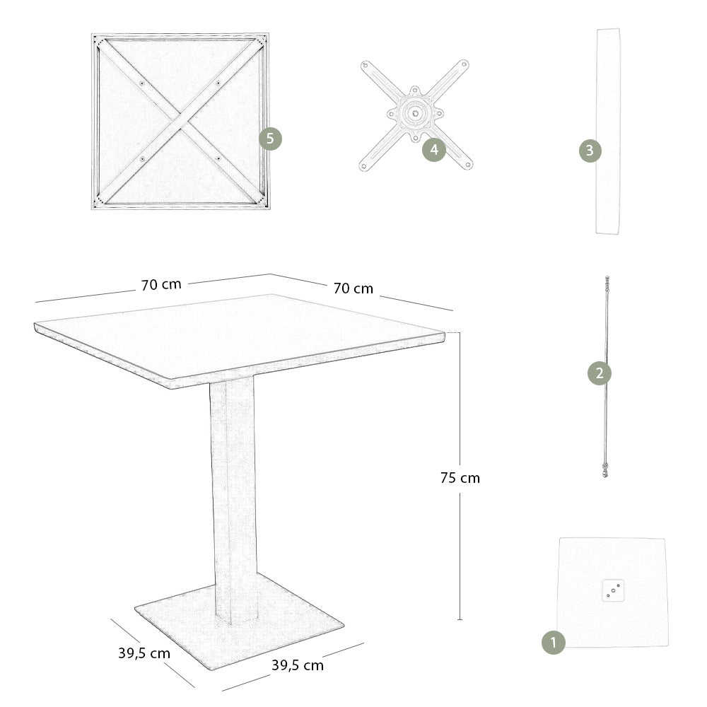 Tavolo da bar verde opaco cm 70 x cm 70 con piano in alluminio verniciato x 3