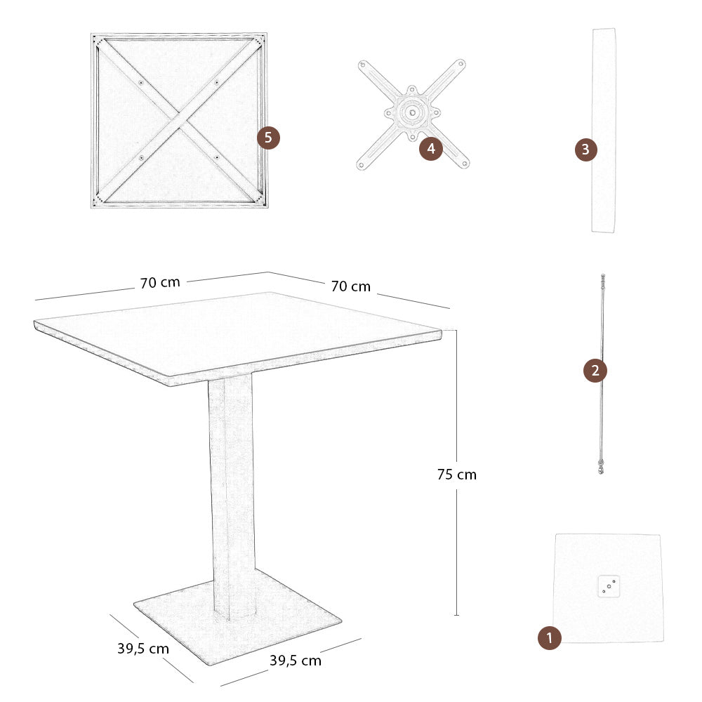 Tavolo da bar rosso mattone cm 70 x cm 70 con piano in alluminio verniciato x 3