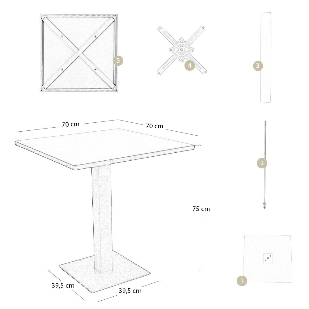 Tavolo da bar beige cm 70 x cm 70 con piano in alluminio verniciato x 3