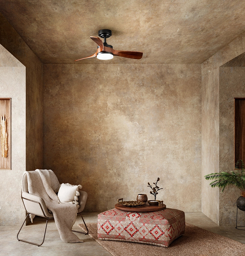 Ventilatore da Soffitto con Luce LED 18W e Pale in Legno Massiccio Noce Scuro, 6 Velocità, Telecomando incluso, Diametro 90 cm, Nero - Perenz