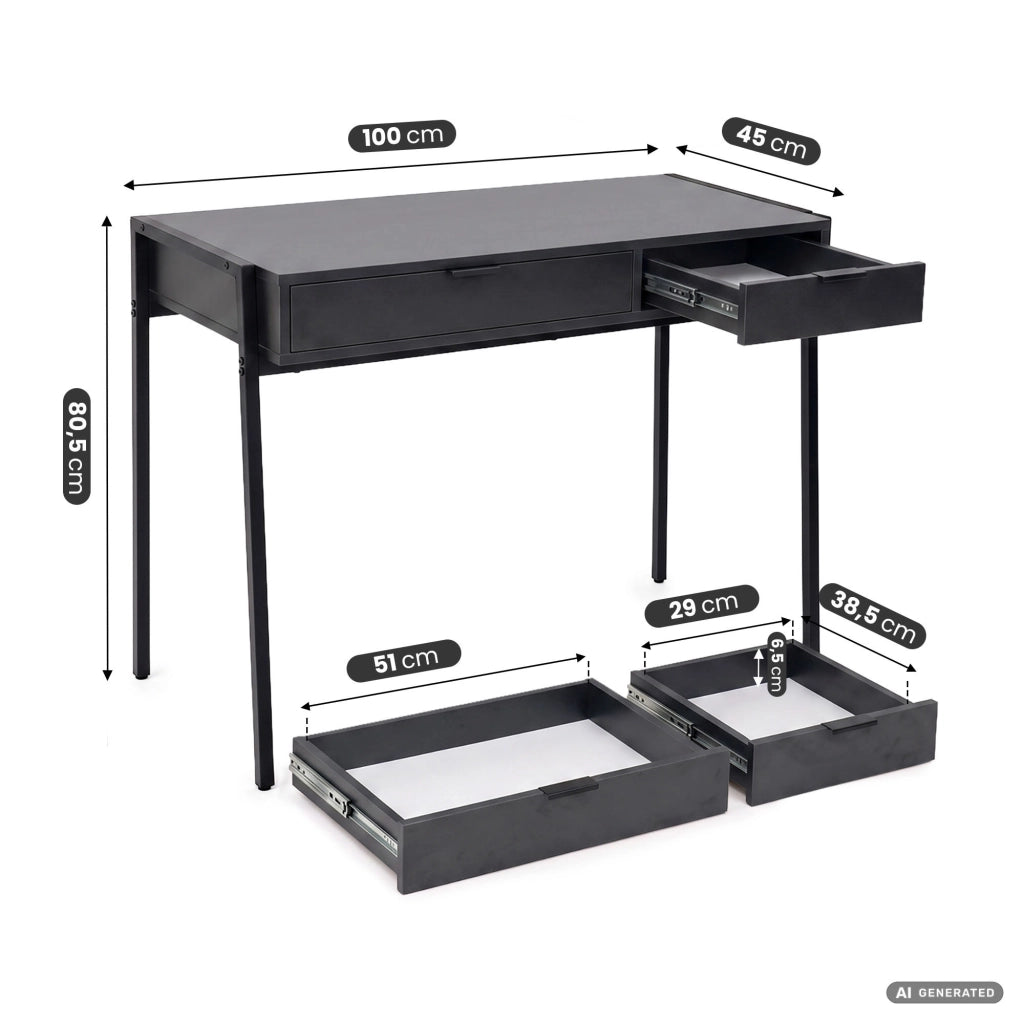 Scrivania industriale per computer Nera ZENTIA 100 cm 2 cassetti gambe nere