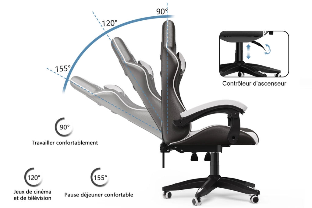 Sedia da gioco,  Sedia da gioco ergonomica, altezza regolabile, schienale reclinabile, braccioli e poggiatesta, nero e bianco