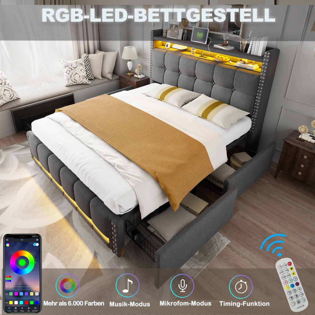 OKWISH Letto con Cassetti 140×200 cm, Letto Matrimoniale con LED Regolabile, USB, Testiera con Mensole e 4 Cassetti, senza Materasso, Grigio