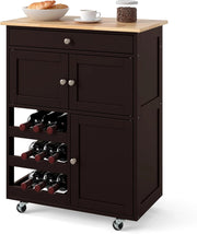 Carrello da cucina mobile con cassetto, porte e ripiani per bottiglie, isola di cucina con ruote e coperchio in legno di gomma, 67 x 37 x 86 cm, mobile di stoccaggio per sala da pranzo