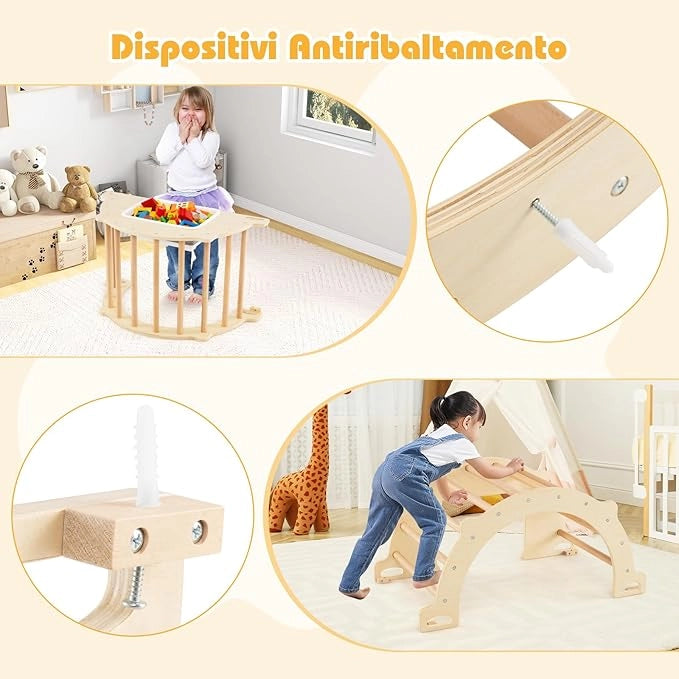 8 in 1 Arco da Arrampicata per Bambini, Altalena ad Arco in Legno con Contenitore Pieghevole, Palestra Montessori per Bambini 3 Anni + (80 × 47 × 41 cm)