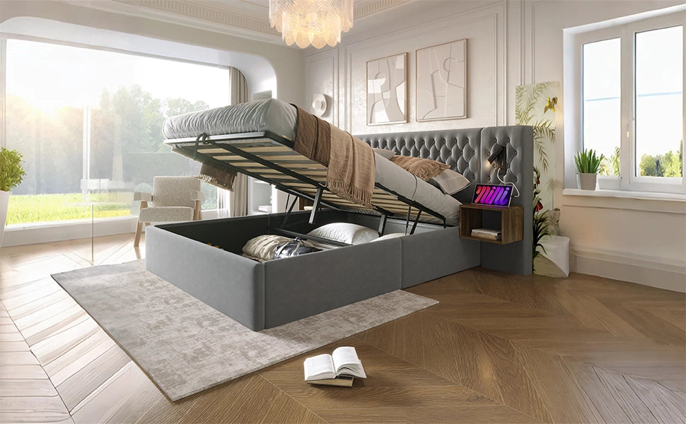 DESMIU Letto Contenitore Letto Matrimoniale con 2 Comodini, USB, Type-C e Luci da Lettura 160 × 200 cm Senza Materasso