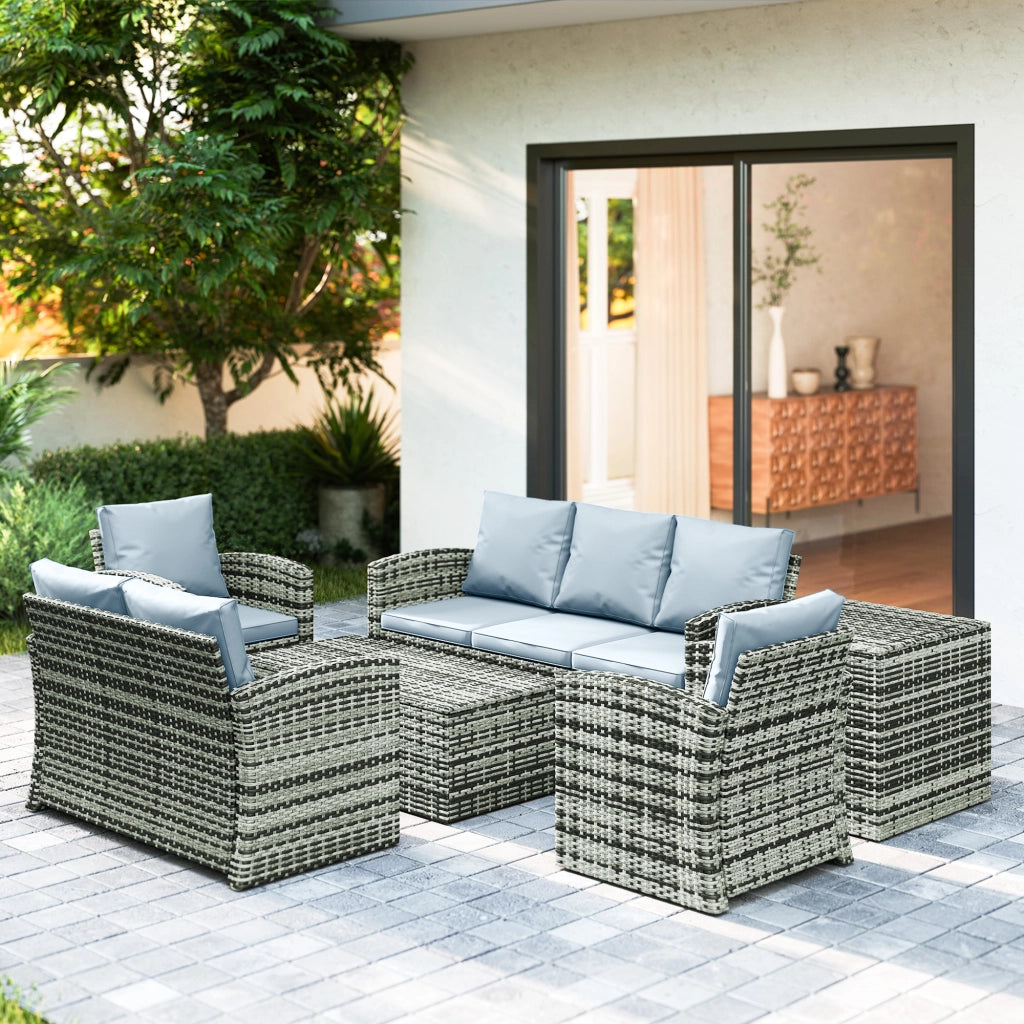 Set da Esterno 6 Pezzi con 2 Tavolini Contenitore 2 Divani e 2 Poltrone in Rattan e Acciaio Grigio