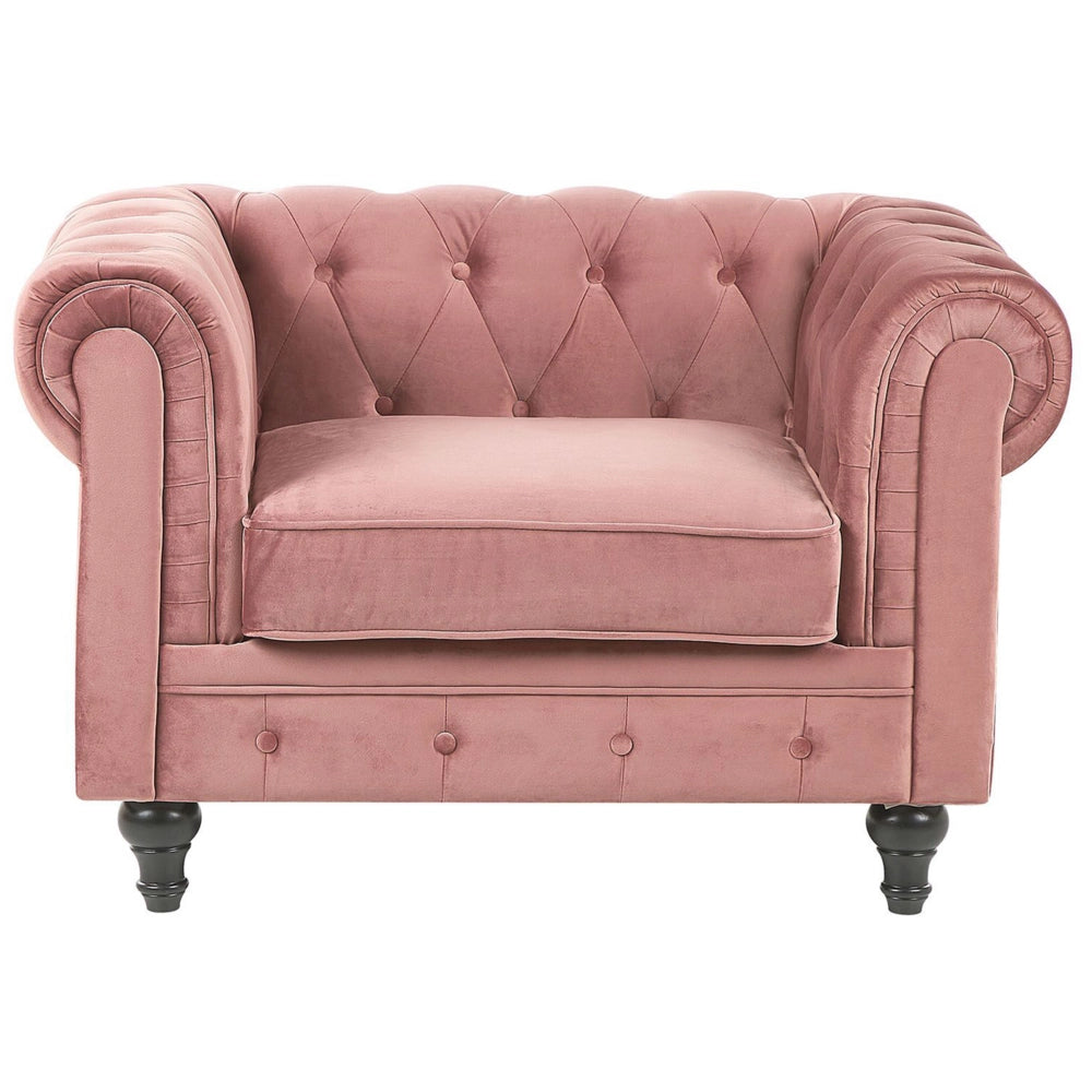Set da soggiorno Chesterfield con rivestimento in velluto rosa e gambe nere divano a 3 posti + poltrona