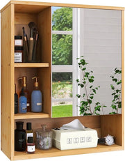 Specchio bagno a muro con contenitore per farmaci e accessori da bagno in bambù