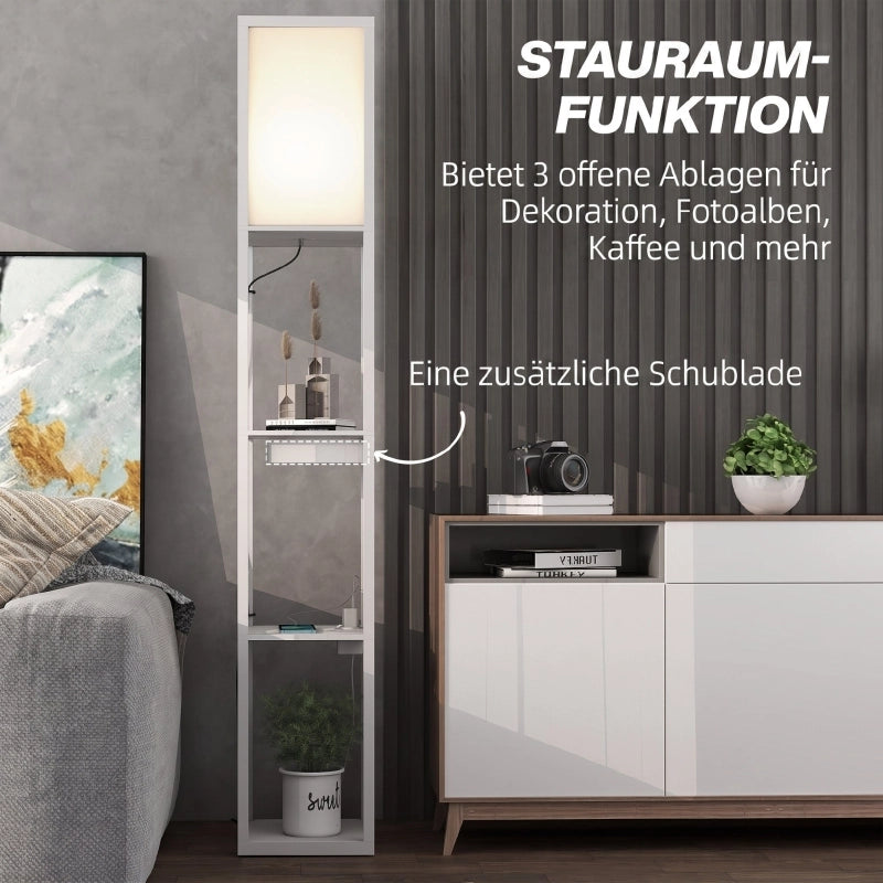 Lampada da terra con ripiano a 3 livelli, interruttore a pedale, porte USB, MDF, bianca