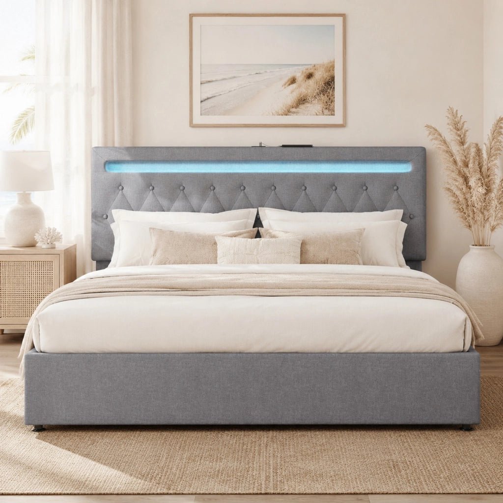 Letto 180x200 cm con sollevamento idraulico; LED controllabile tramite app e USB; grigio