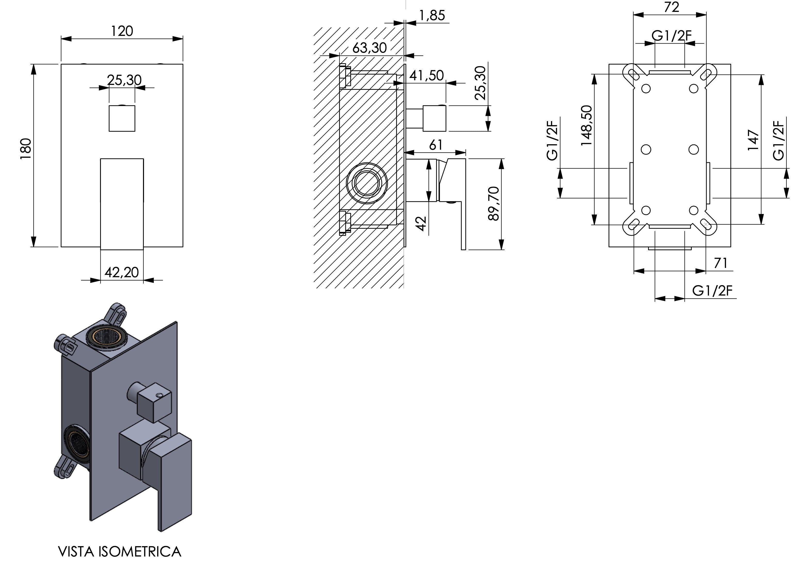 Miscelatore doccia incasso doccia quadrato con deviatore
