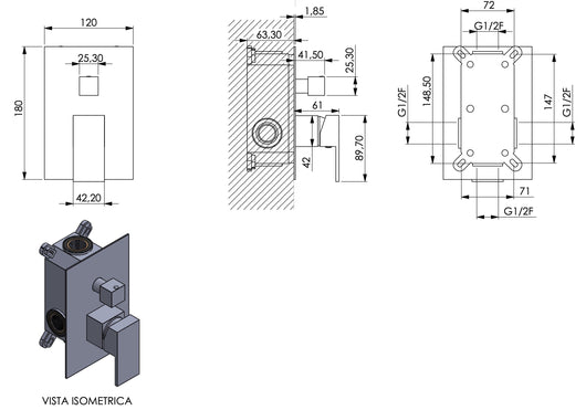 Miscelatore doccia incasso doccia quadrato con deviatore