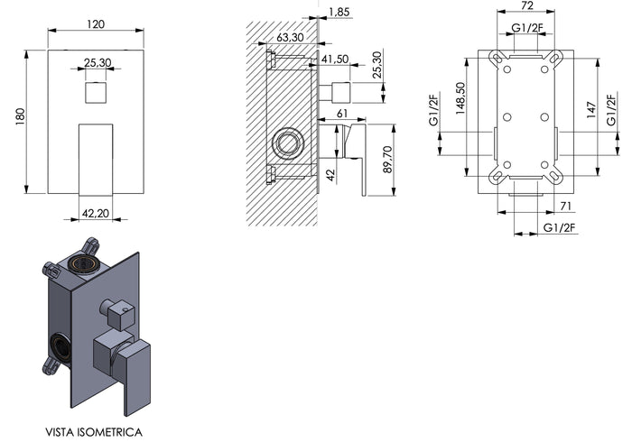 Miscelatore doccia incasso doccia quadrato con deviatore