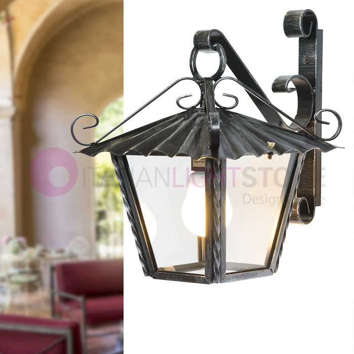 UMBRIA PICCOLA Lanterna Quadrata L. 21 da Parete Ferro Battuto Design Rustico