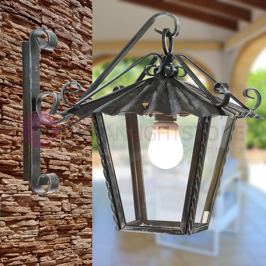 UMBRIA Lanterna Quadrata L. 25 da Parete Ferro Battuto Design Rustico